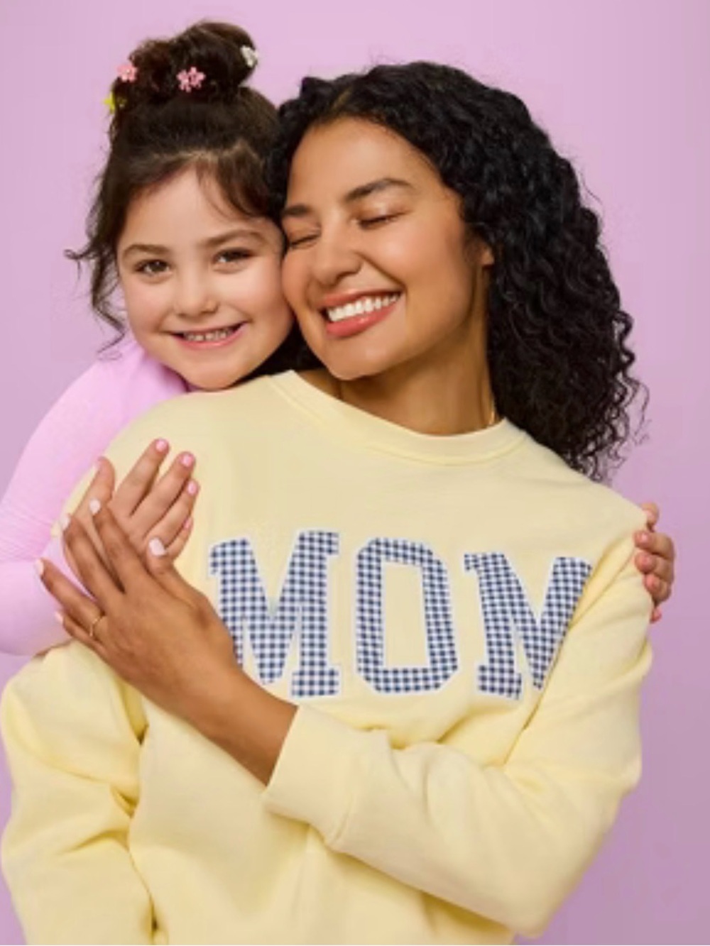 Grayson Threads Yellow Crewneck with Blue Gingham 'MOM' Graphic